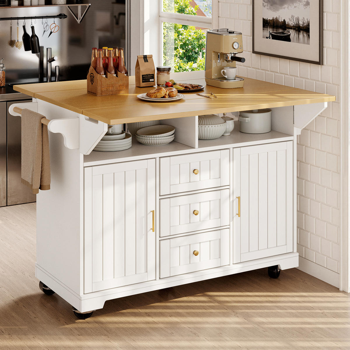 KÜCHENINSEL 120/40/95 cm Weiß aus MDF und Metall mit klappbarer Tischplatte - Weiß, Holzwerkstoff (40/95/120cm) - OKMYHOME