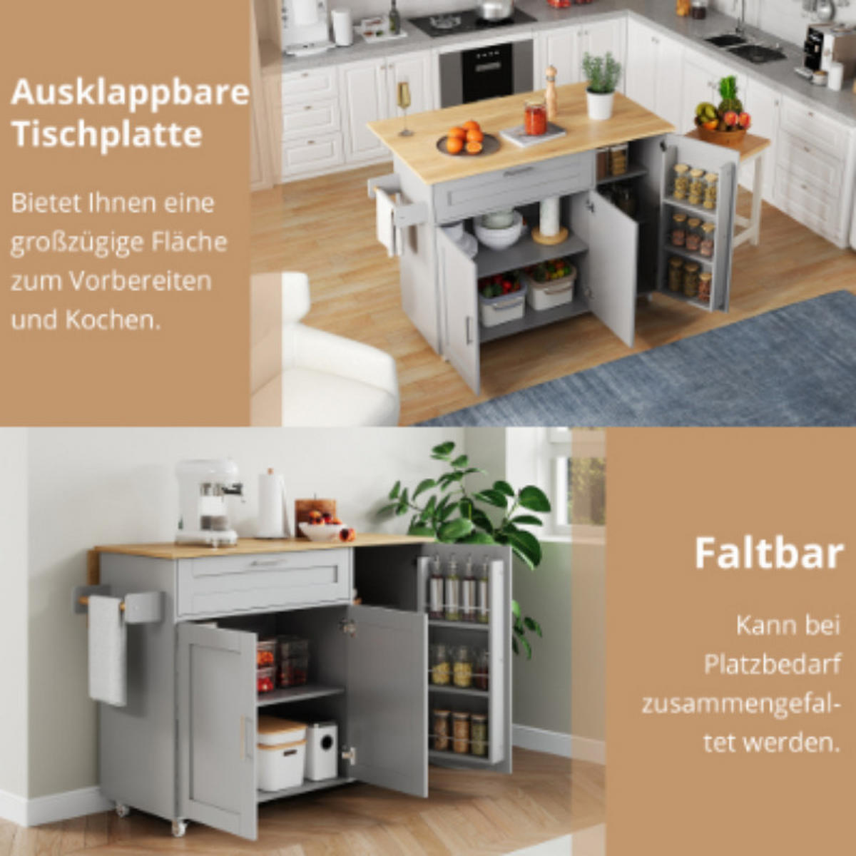 KÜCHENINSEL , klappbare Arbeitsplatte,132,5 x 44 (70) x 90 cm - Grau, Holzwerkstoff (44/90/132.5cm) - Vallsero
