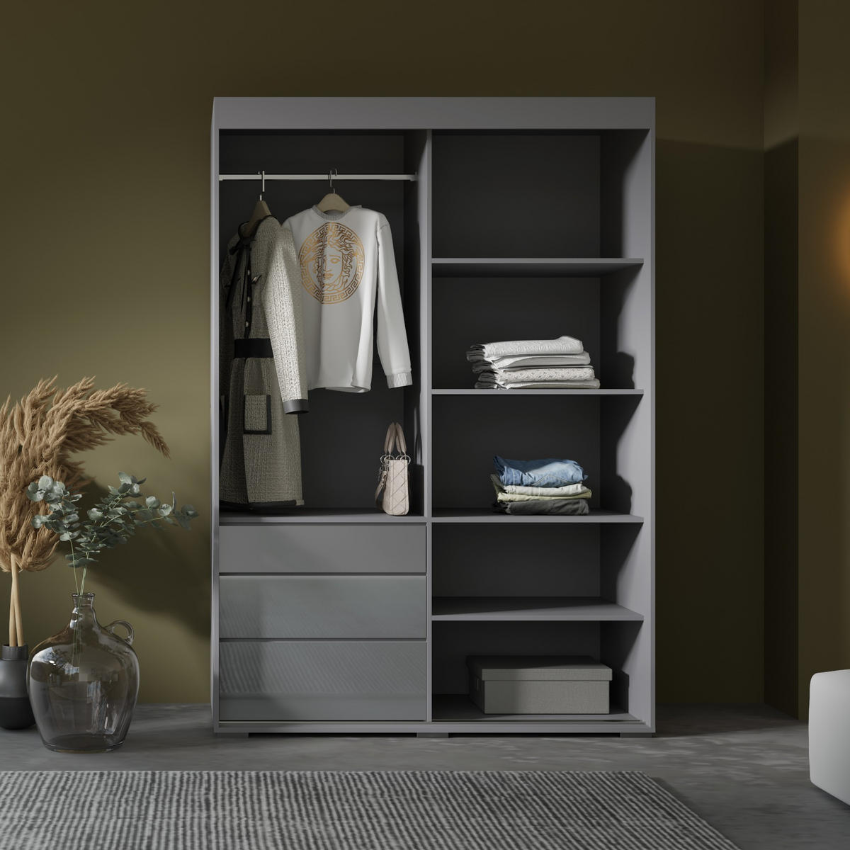 SCHIEBETÜRENSCHRANK mit Schubladen Torino 2D 140 Grau (Lacobel) - Silberfarben/Grau, Holzwerkstoff/Metall (140/204/65cm) - mzm24