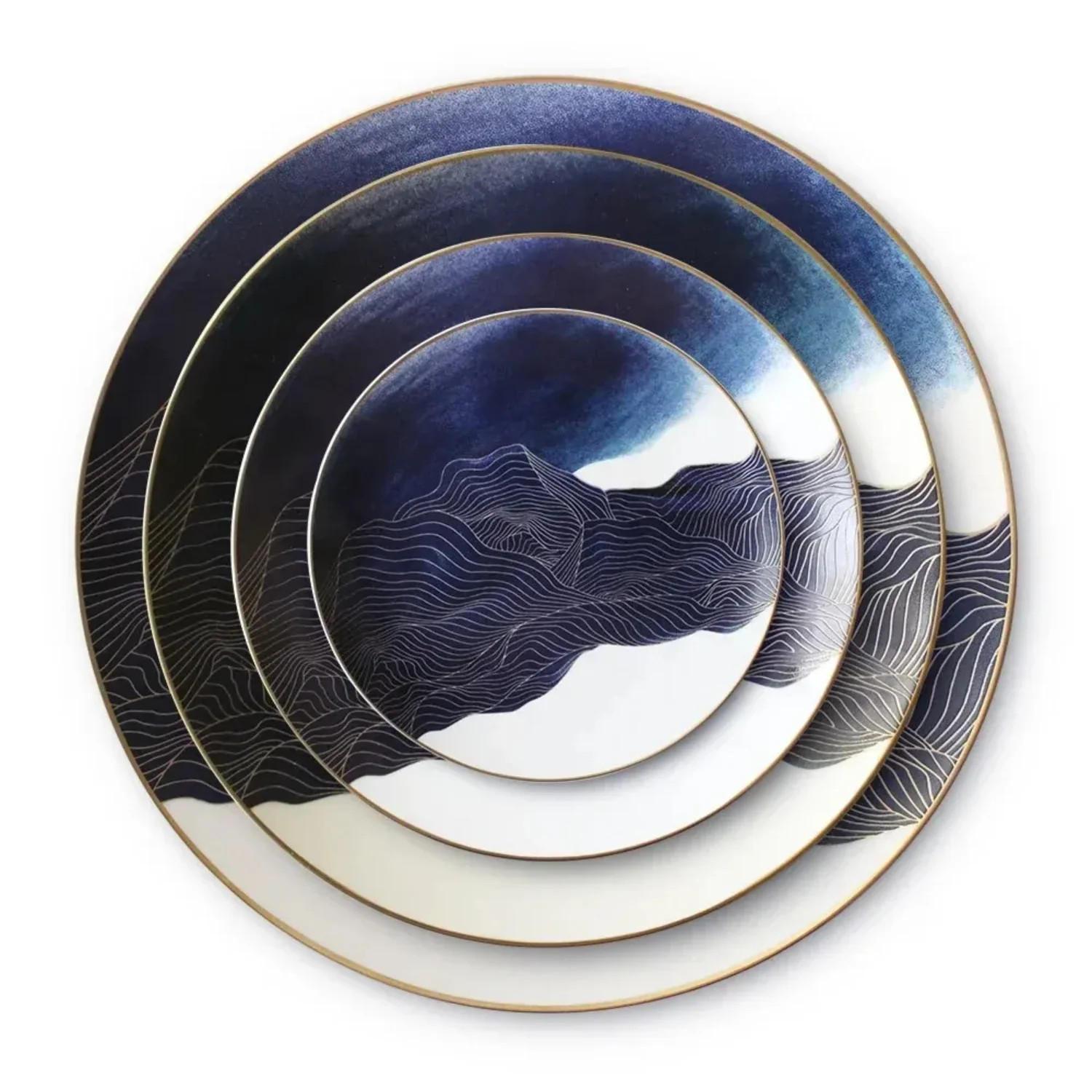 TELLERSET Blue Marble Bone China Blau Gold 4tlg Ø30 Ø27 Ø20 Ø16 cm - Blau, Keramik (30/2/2cm) - Quality Elegance