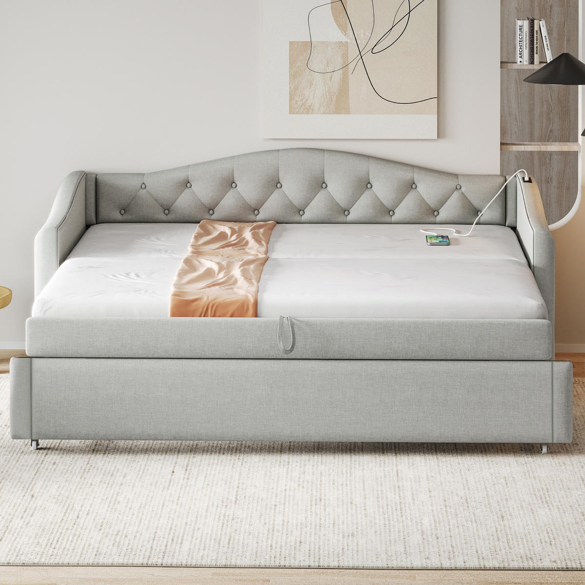 POLSTERBETT 90x200 cm Grau Schlafsofa USB Multifunktion Lattenrost - Grau, Holzwerkstoff - FLIEKS