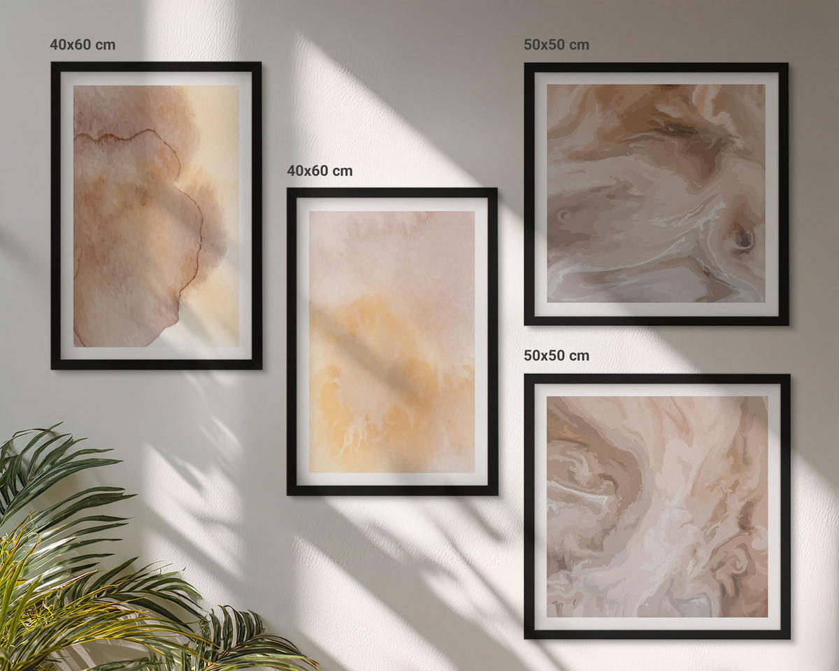 BILDER SET 4er Set - 50x50 cm & 40x60 cm Schwarzer Rahmen - Warme Aquarellfarben auf Leinwand - Schwarz, Kunststoff (50/50cm) - TULUP