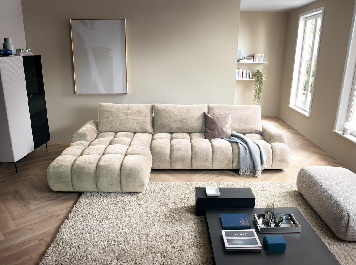 ECKSOFA 340 cm Valerio II, Schlaffunktion, Bettkasten, Links, Vanille - Ecru, Holz (340/177cm) - Emporius
