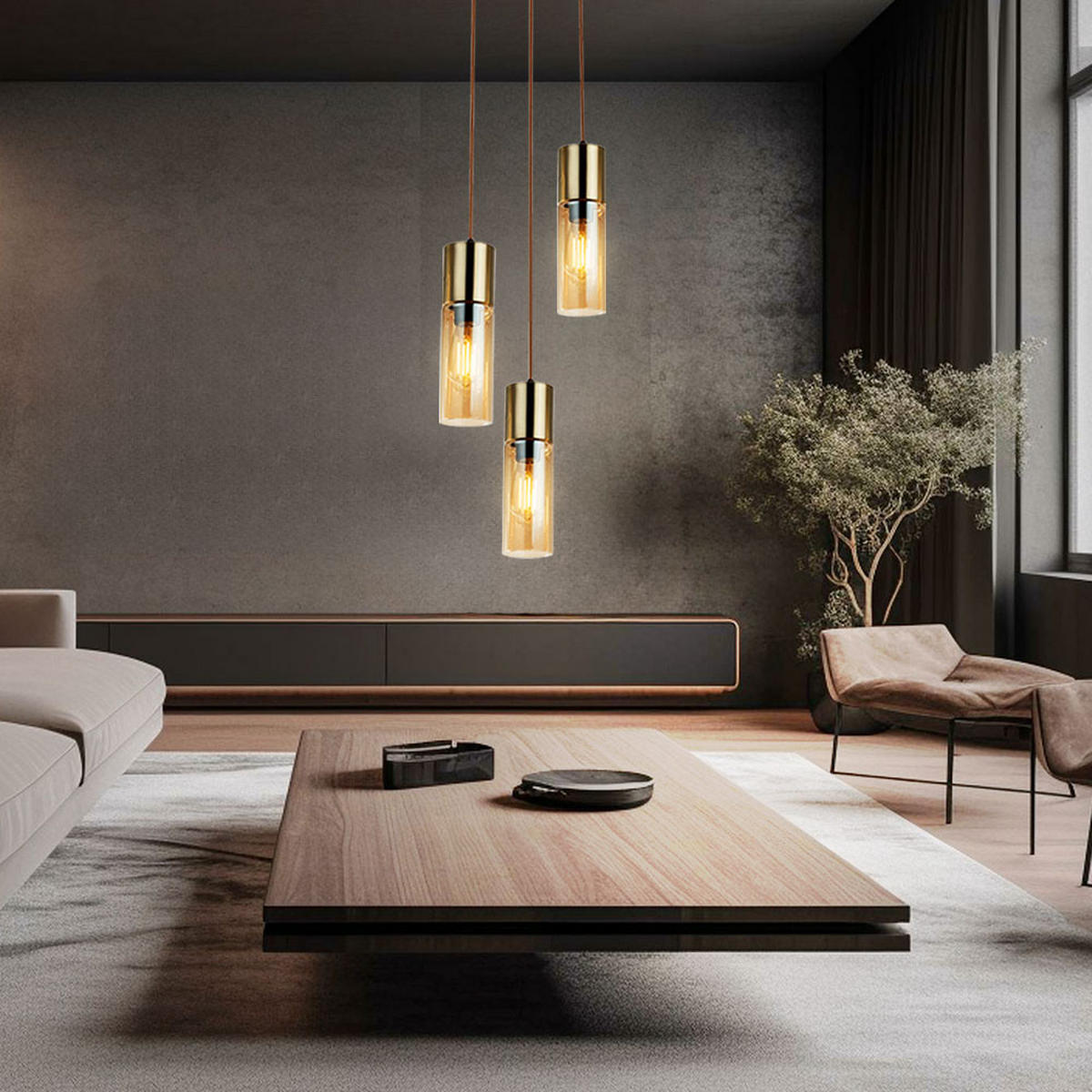 HÄNGELEUCHTE Messing Glas Amberfarben - Messingfarben, Glas (30/30/150cm) - Globo Lighting