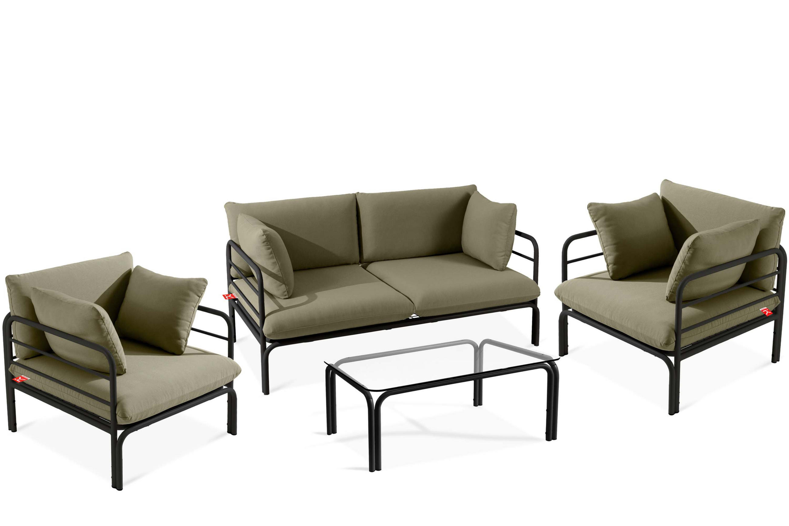 GARTENMÖBELSET RAMBE 4-tlg. 1x Tisch 2x Sessel 1x Sofa 2-Sitzer, mit Kissen, LOFT-STIL, Anthrazit/Beige - Dunkelgrau/Beige, Textil/Metall - KONSIMO®