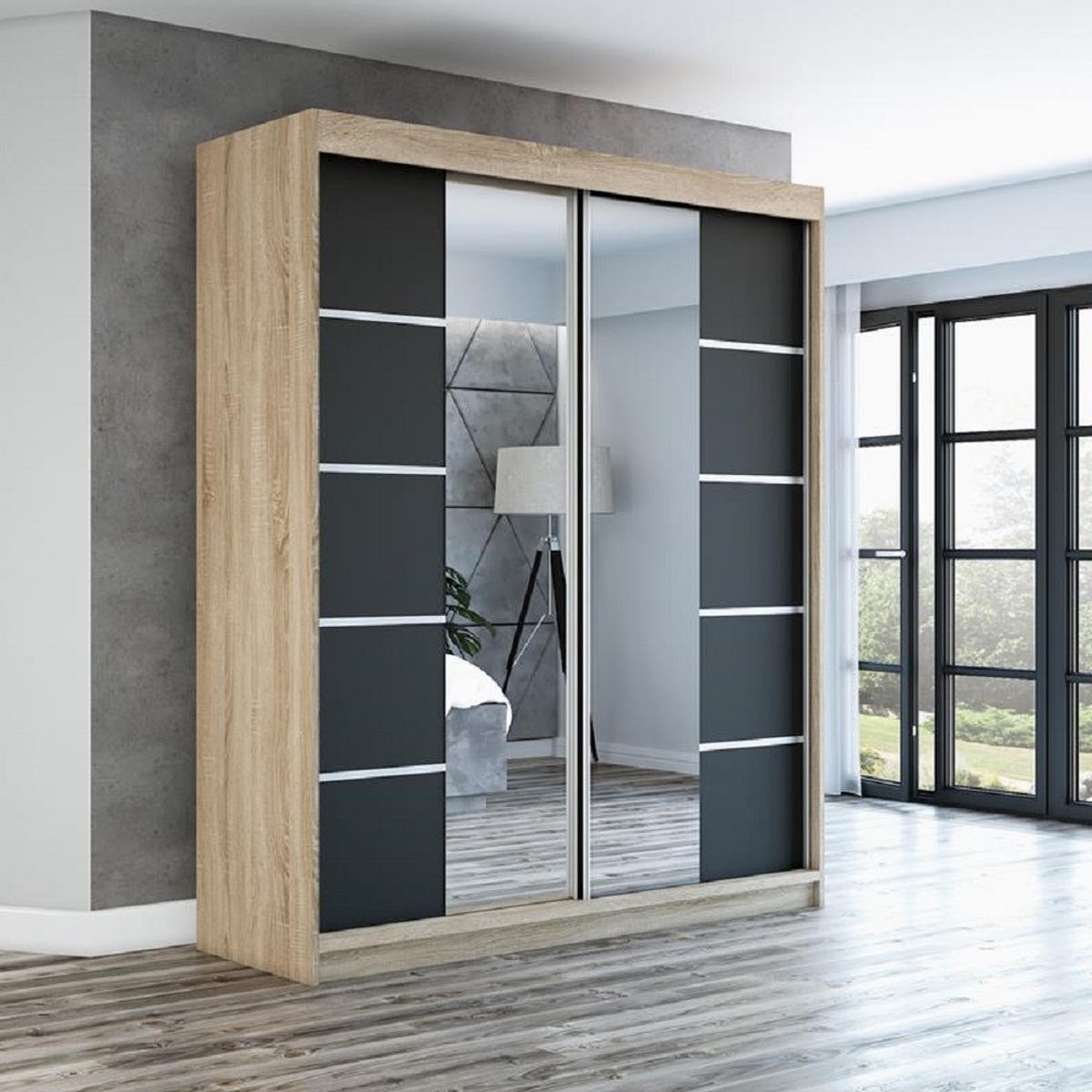 SCHWEBETÜRENSCHRANK 180 cm KOMFORT Farbe:Sonoma,schwarz - Schwarz/Braun, Holzwerkstoff (180/215/59.5cm) - A&J MöbelLand