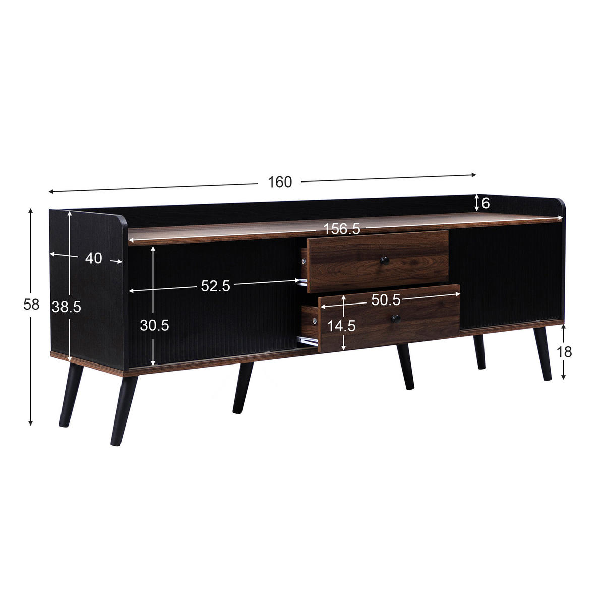 TV-LOWBOARD aus Spanplatte 160x40x58 cm Schwarz/Holzfarben mit Schiebetüren und Schubladen - Schwarz, Holzwerkstoff (160/58/40cm) - IVMEU