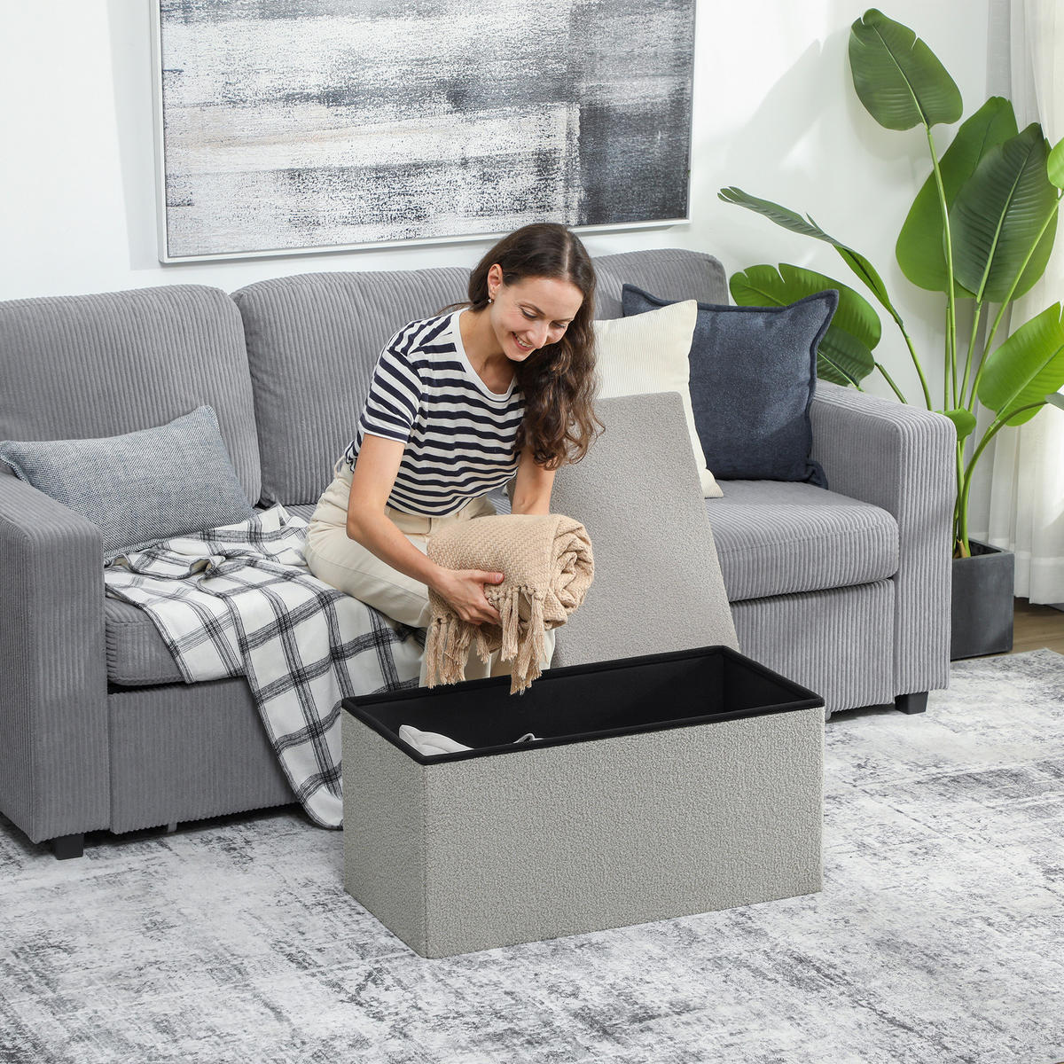 SITZBANK mit Stauraum, faltbar Polsterbank, Bettbank mit Samtoptik, Sitztruhe - Hellgrau, Textil (38/38/76cm) - HOMCOM