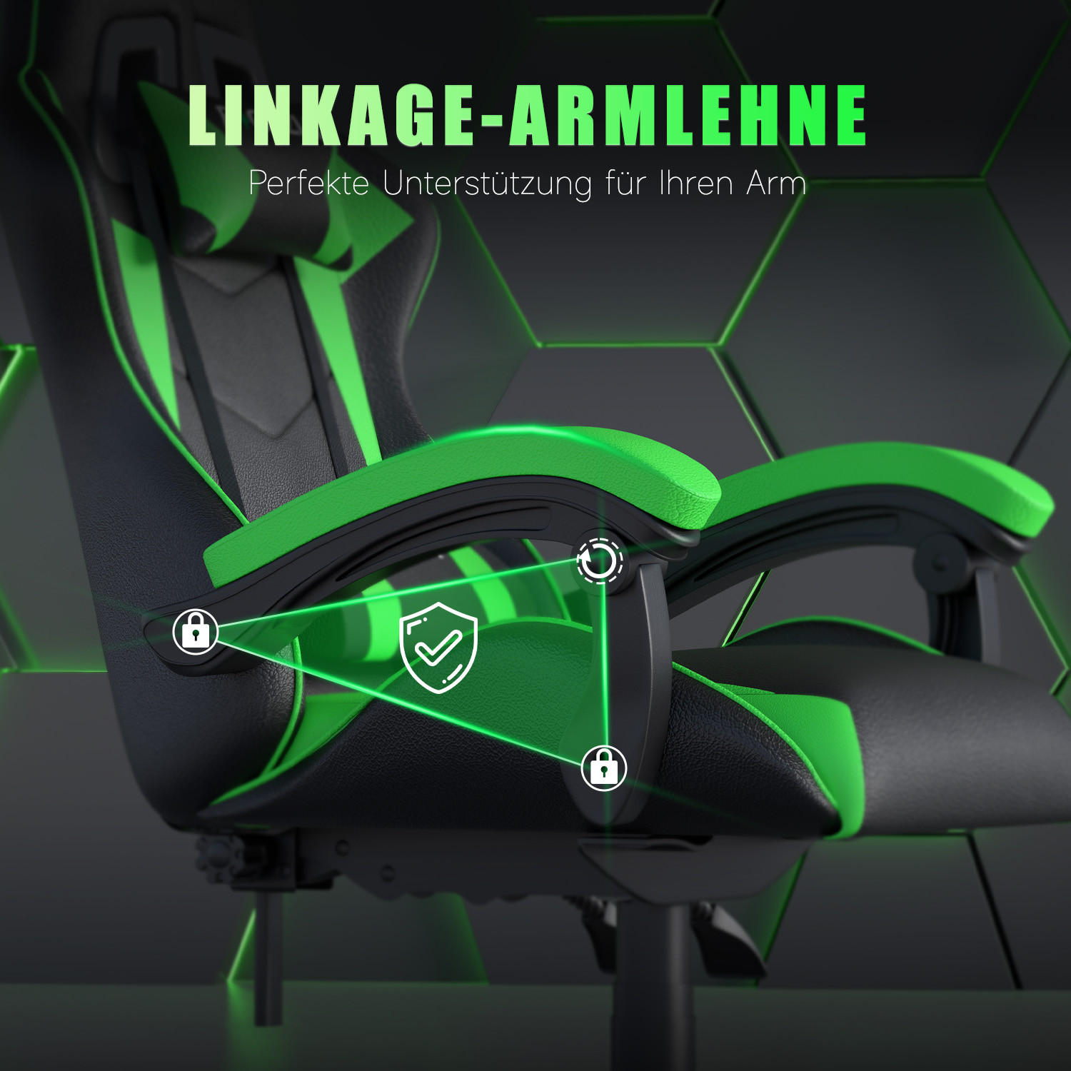 GAMINGSTUHL Schwarz-Grün ergonomisch - Grün, Leder (29/59/79cm) - Rattrix