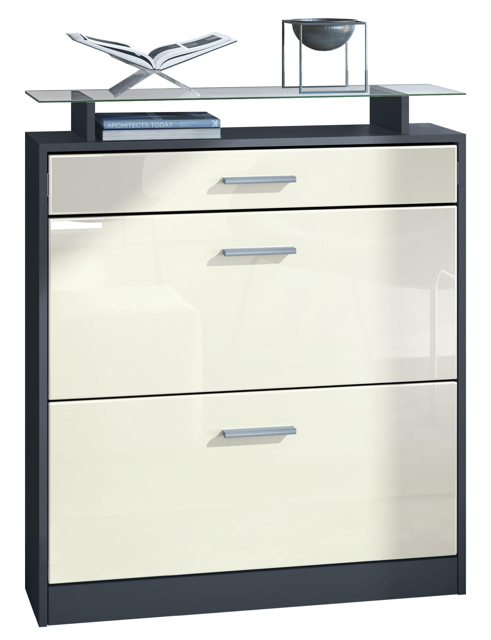 SCHUHSCHRANK Loret Fronten in Creme Hochglanz - Creme, Holzwerkstoff (89/104/23cm) - Vladon