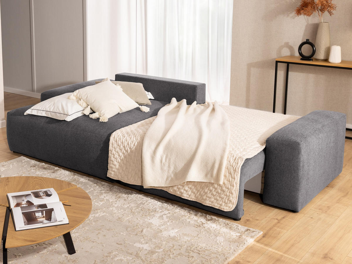 ECKSOFA Lennon aus Graphit Strukturstoff mit Schlaffunktion und Bettkasten - Graphitfarben/Schwarz, Holz/Kunststoff (137/264cm) - S-Style