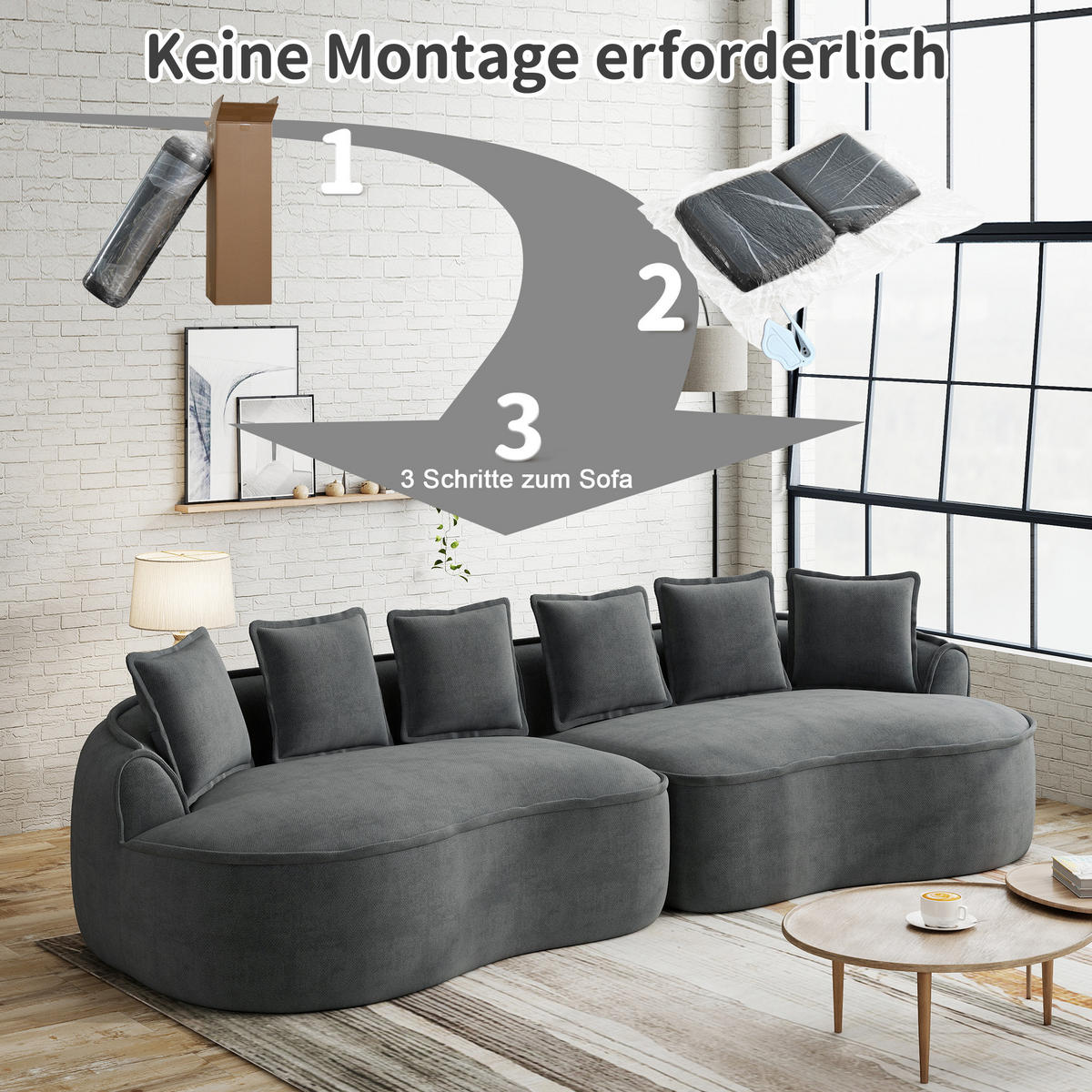 4-SITZER SOFA Chenille Grau mit Kissen - Grau, Textil (320/67/114cm) - WISHDOR