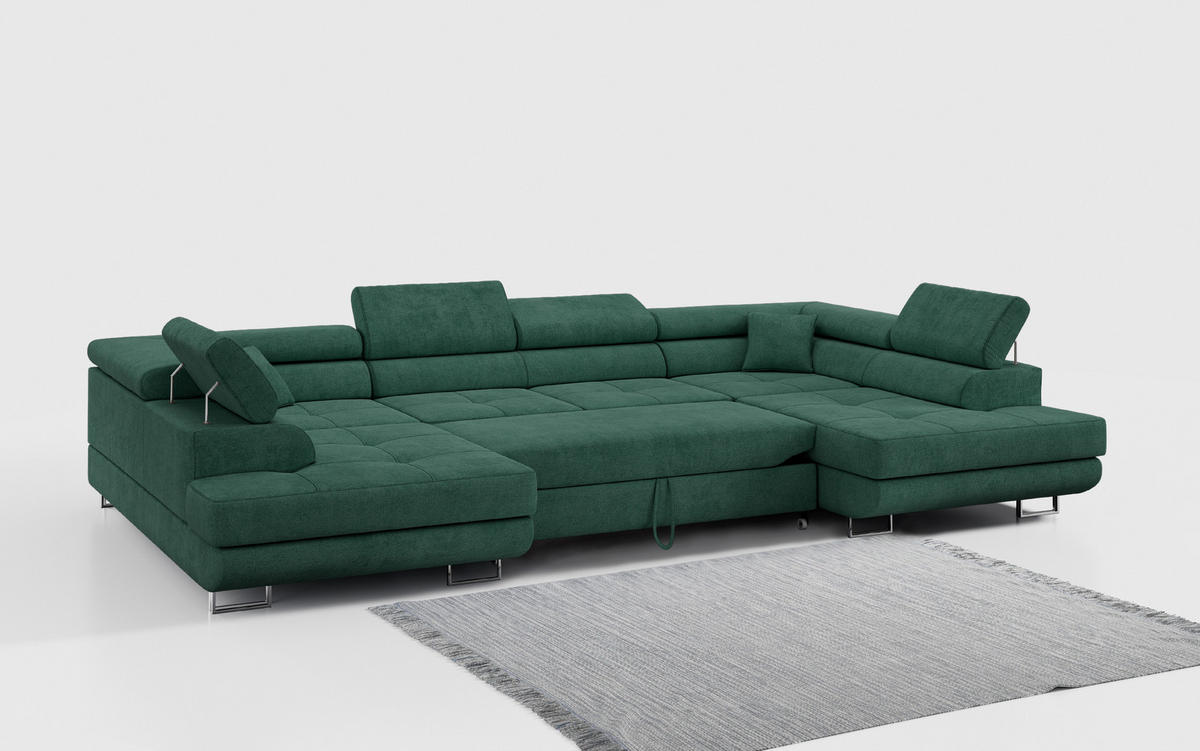 WOHNLANDSCHAFT GUSTAW U Grün Struktur - Silberfarben/Grün, Textil/Metall (340/55/205cm) - MKS