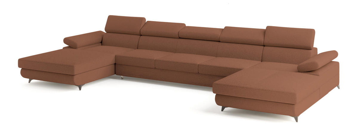 WOHNLANDSCHAFT VIVENTE Kupferfarben Boucle-Stoff mit Schlaffunktion - Kupferfarben, Holz (410/89/190cm) - MASSENO