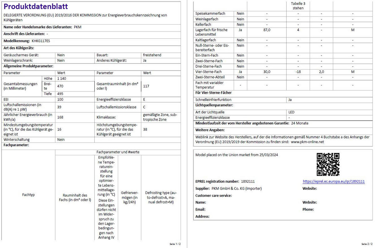 KÜHLGEFRIERKOMBINATION KHKG117ES 117 Liter Nutzinhalt, Silber, Nur 39 dB - Silberfarben, Kunststoff (51.5/117/54.5cm) - PKM