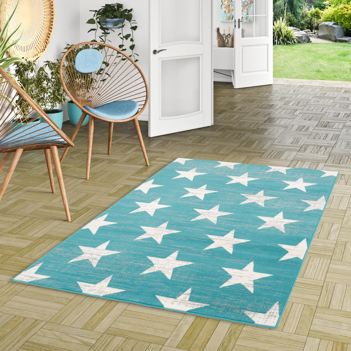 DESIGNER TEPPICH CANVAS STERNE - Türkis, Textil (140/200cm) - Pergamon