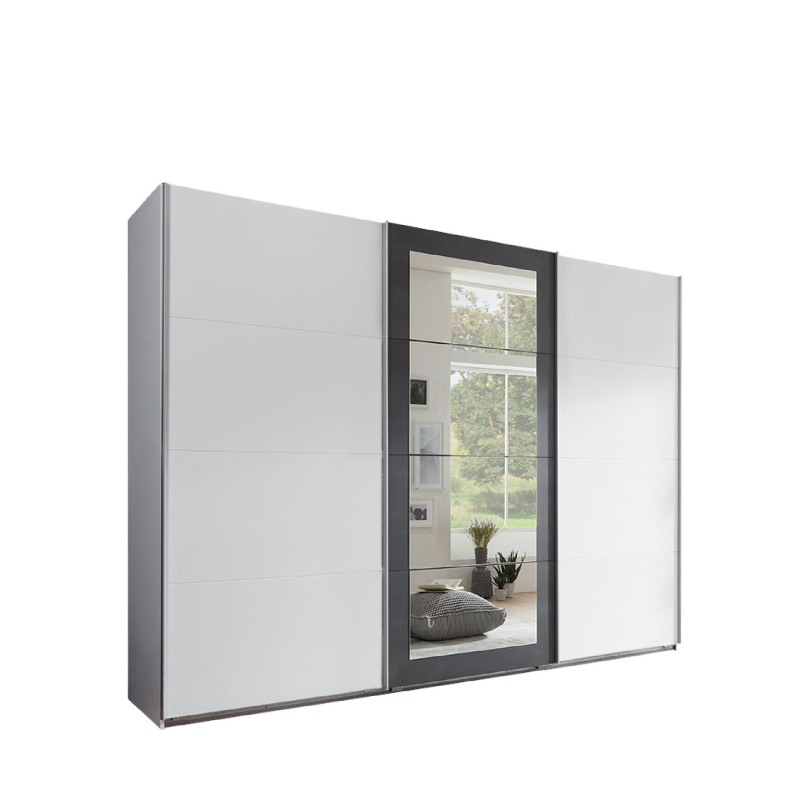 SCHWEBETÜRENSCHRANK 3-türig B270/H208/T65 cm, Kleiderschrank in Weiß mit Absetzungen in grauer Stahl-Optik / 22001 - Alufarben/Schwarz, Holzwerkstoff/Metall (270/208/65cm) - luma-home