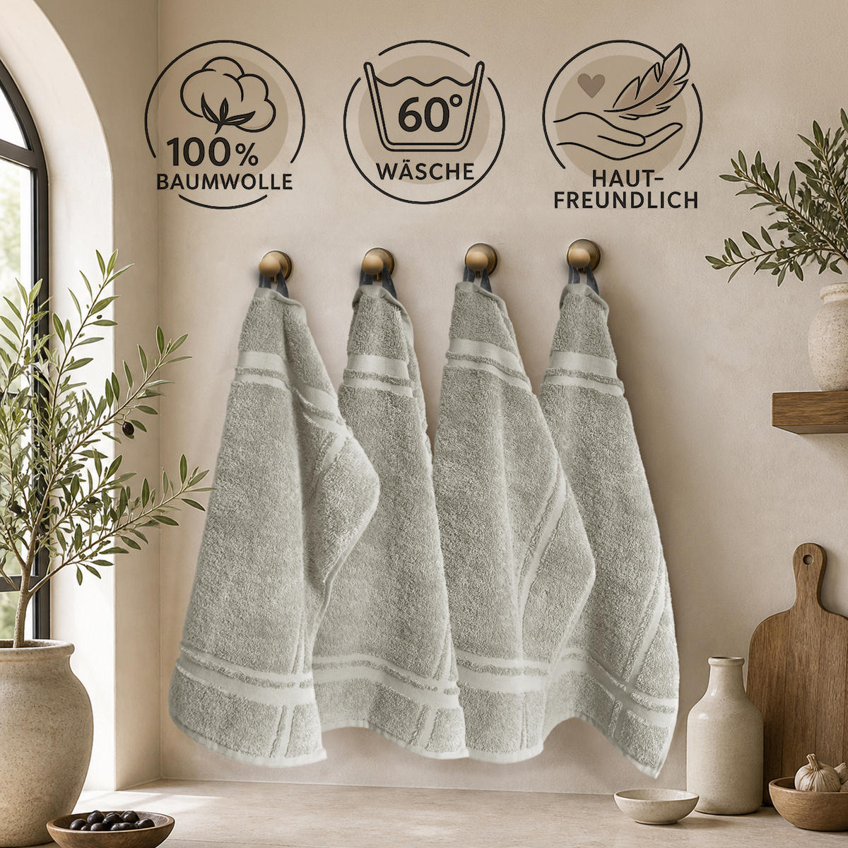 FROTTEE Küchenhandtücher 50x50 cm, 4er Set, Kiesel Grau - Sandfarben, Textil (50/50cm) - Lashuma