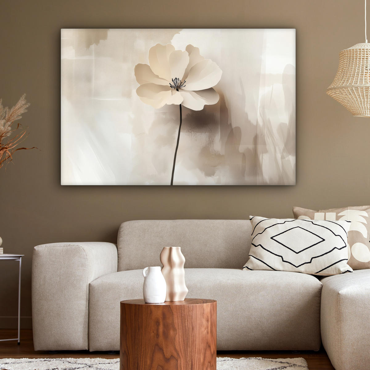 LEINWANDBILD Blume - Beige - Farbe - Schatten Wohnzimmer 120x80 cm - Creme, Textil (120/80cm) - MuchoWow