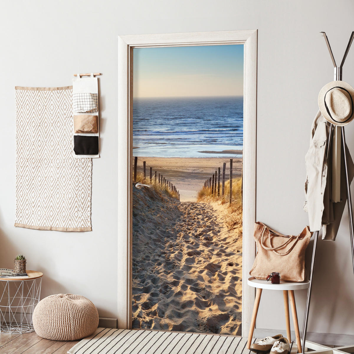 FOTOTAPETE Tür - Strand - Meer - Niederlande - Dünen - Sonne 90x205 cm - Blau, Kunststoff (90/0.1cm) - MuchoWow