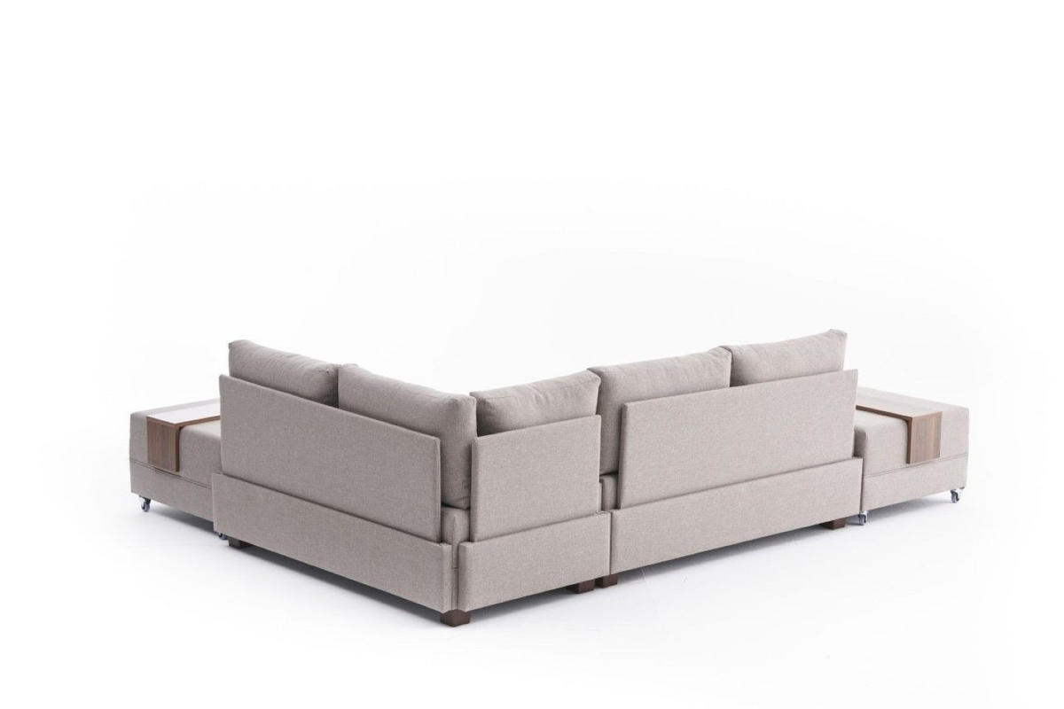 ECKSOFA mit rollbarer Schlaffunktion - Beige/Walnussfarben, Holz/Textil (210/280cm) - myHomelando