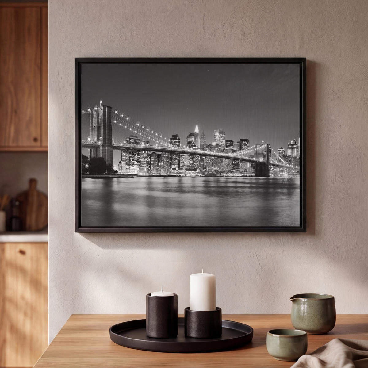 LEINWAND Bilder mit Rahmen - New York - Brücke - Brooklyn - Schwarz und weiß - Architektur - 40x30 - Schwarz, Textil (40/30cm) - MuchoWow