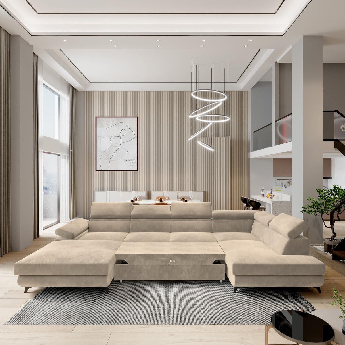 WOHNLANDSCHAFT RUBANO R-S Creme Velours-Stoff mit Schlaffunktion - Creme, Holz (339/89/190cm) - MASSENO