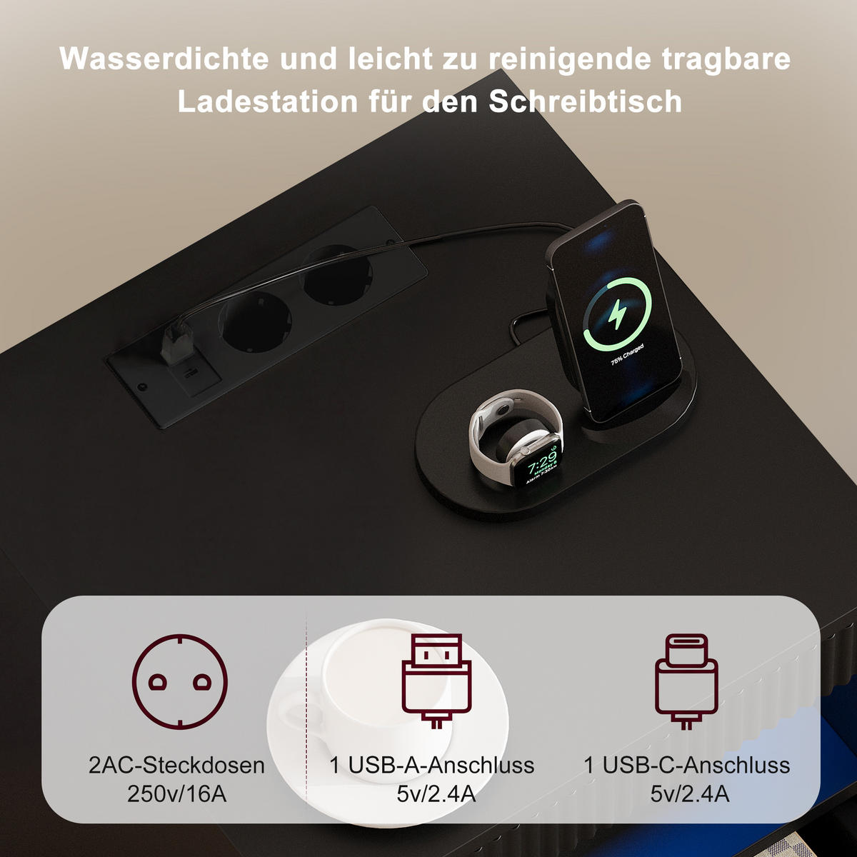 NACHTSHRANK Schwarz mit LED-Beleuchtung, Steckdose, USB & Type-C, Nachttisch mit 2 Schubladen, 40/40/60 cm - Goldfarben/Schwarz, Holz/Metall (40/60/40cm) - BPKADHY