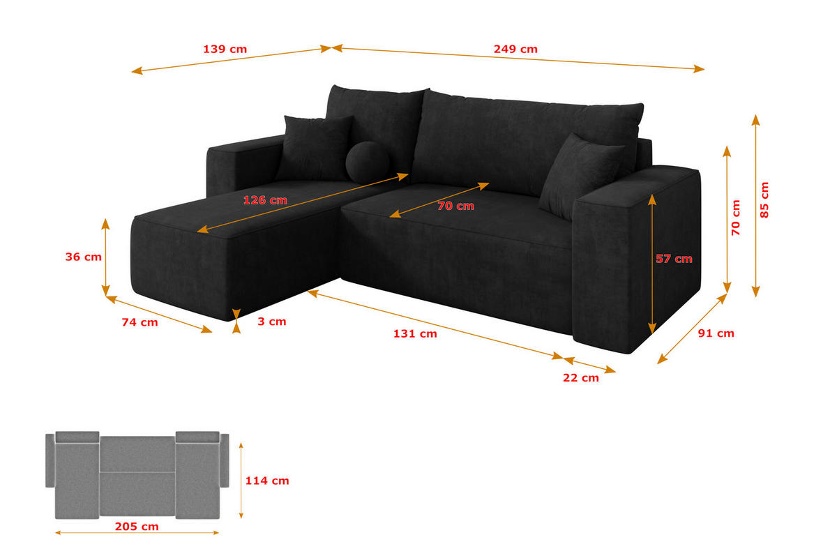 ROHOVÁ SEDAČKA s funkcí spaní, otoman vlevo SENO-L 249x139x85 černá velur - černá, kompozitní dřevo/textil (249/139cm) - ALTDECOR