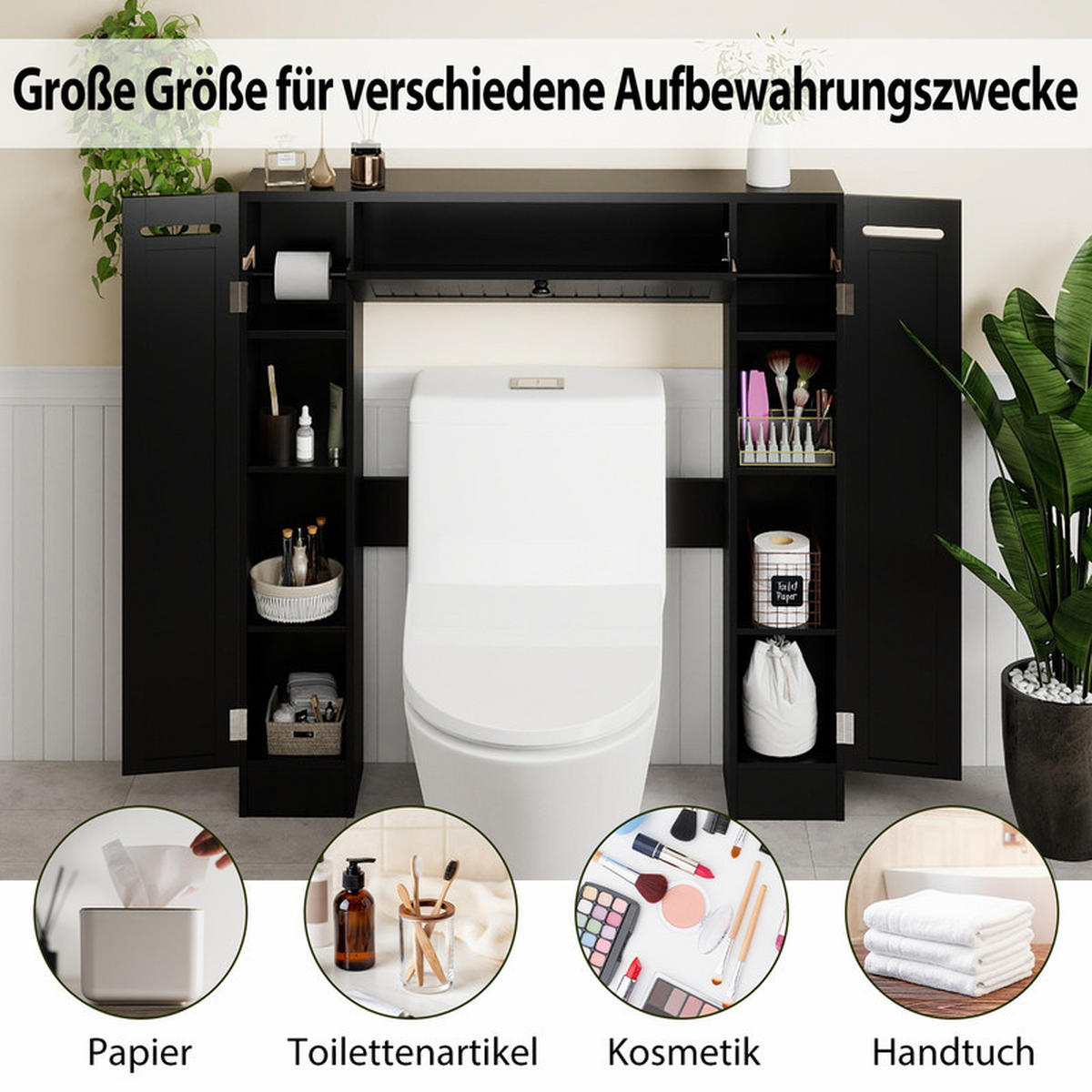 TOILETTENSCHRANK mit Toilettenpapierhalter schwarz - Schwarz, Holzwerkstoff (89/99/19.5cm) - COSTWAY