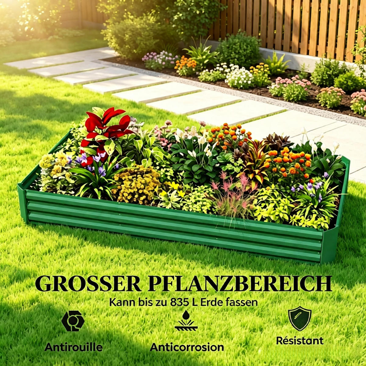 HOCHBEET 240/120/30 cm Grün mit Sicherheitsrand und offener Boden - Grün, Metall (120/30/240cm) - Oxeza