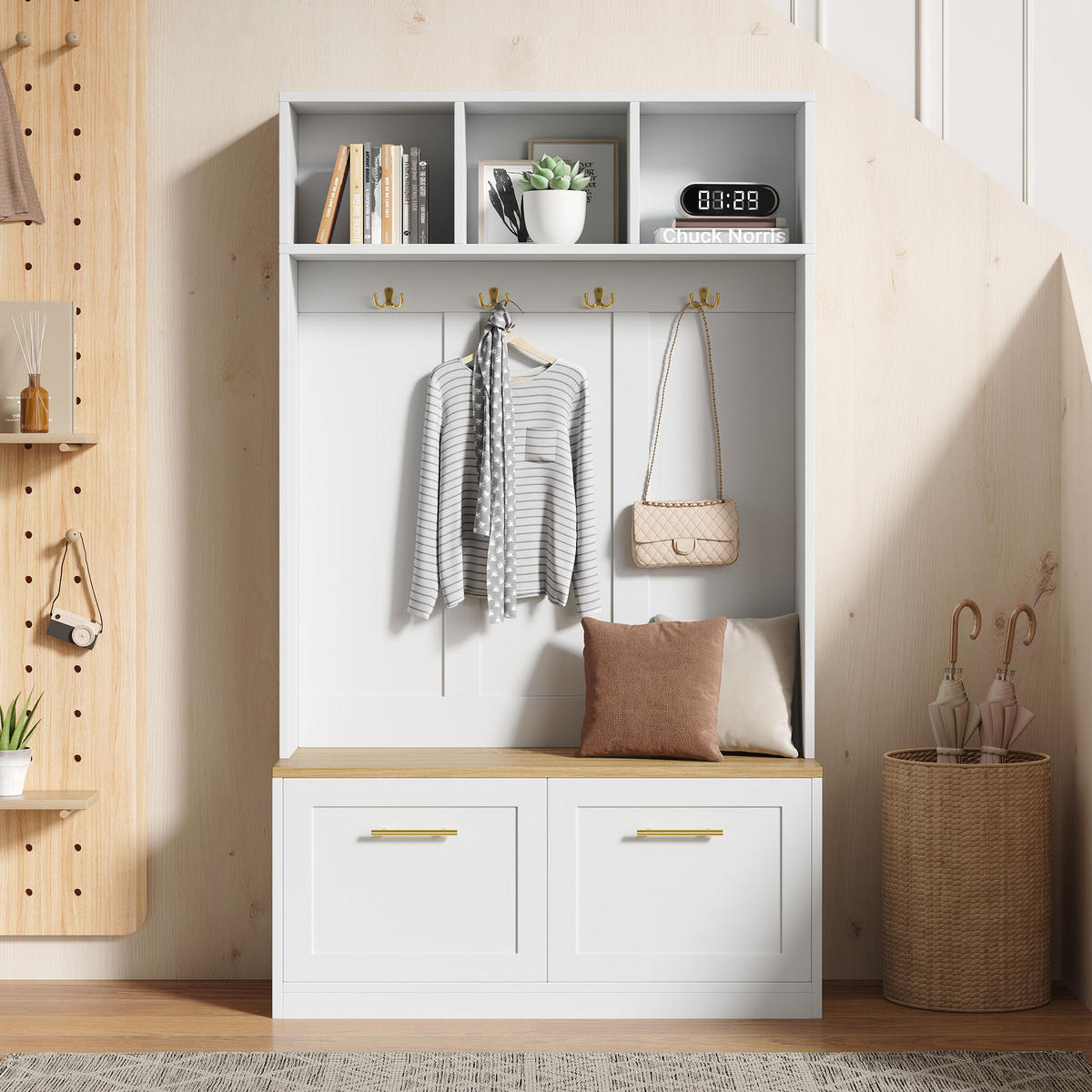 GARDEROBENSET Kompakt mit Sitzbank Natur Weiß 105x40x180cm 4 Haken - Multicolor, Holzwerkstoff (40/180/105cm) - FLIEKS