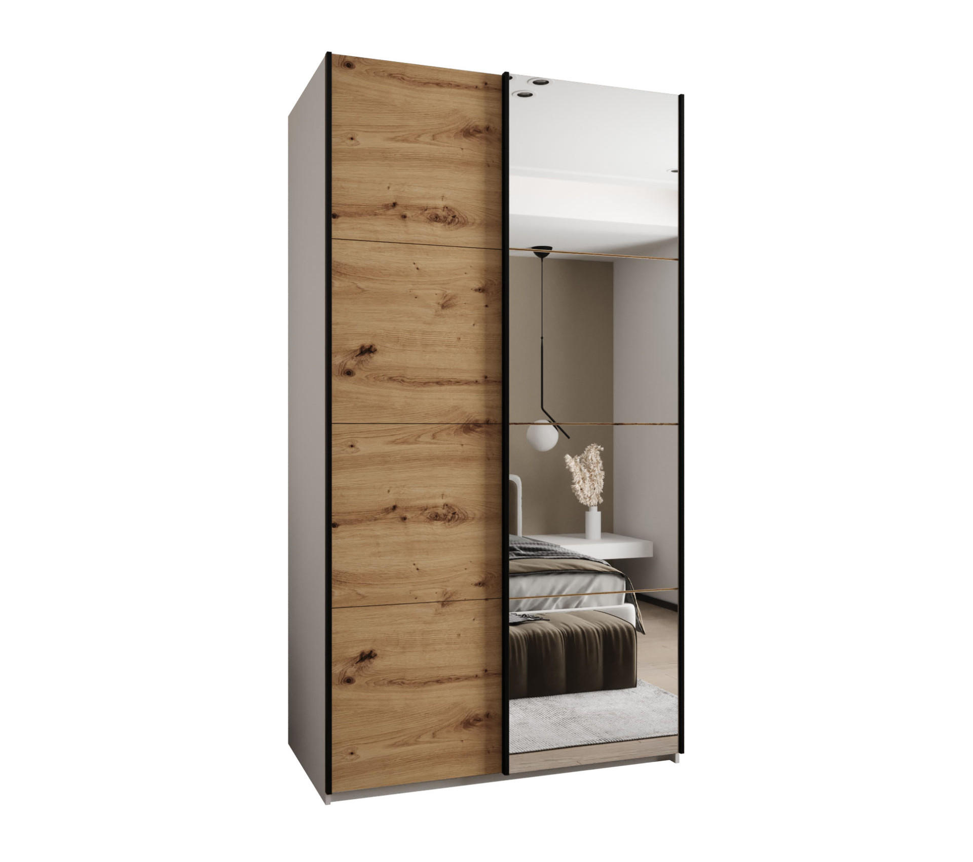 Abiks Möbel Schwebetürenschrank Weiß, Eiche Artisan, Schwarz 130x245x64 cm