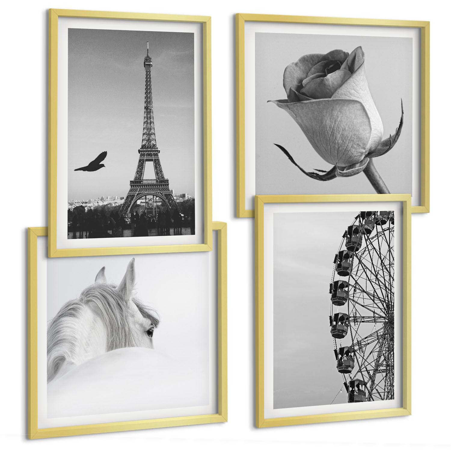 BILDER SET 4er Set - 50x50 cm & 40x60 cm Goldrahmen - Rose Eiffelturm Pferd Riesenrad S/W - Goldfarben, Kunststoff (50/50cm) - TULUP
