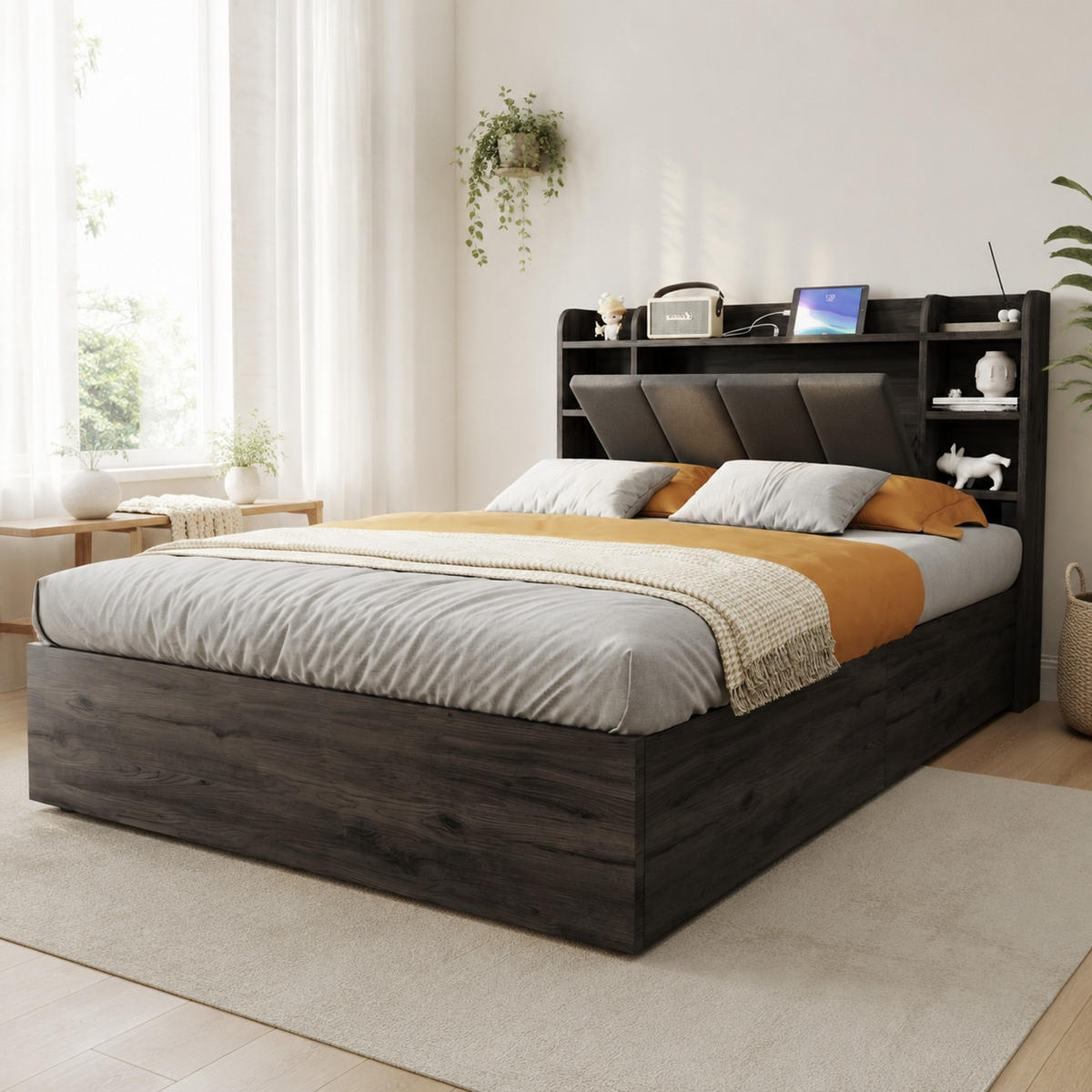 BETT 140/200 cm aus MDF mit USB-Anschluss, Stauraum, Grau - Grau, Holzwerkstoff (140/200cm) - OKMYHOME