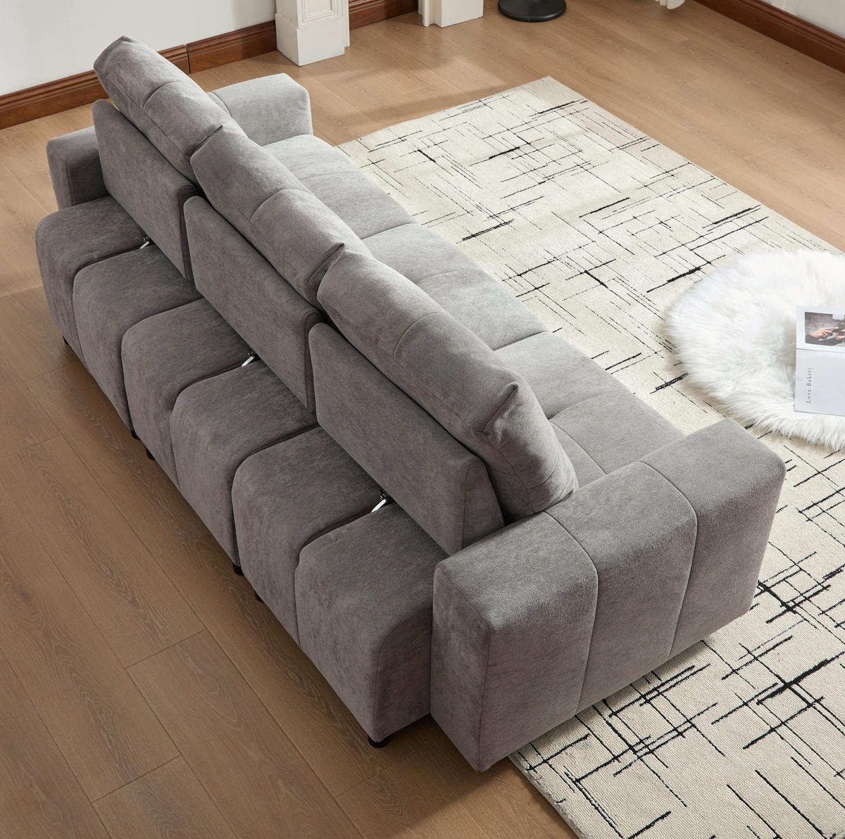 3-SITZER-SOFA aus Chenille 213x94x84 cm Grau mit Schlaffunktion, verstellbarer Sitztiefe und kompakter gerader Form - Grau, Kunststoff (213/84/94cm) - Modfu