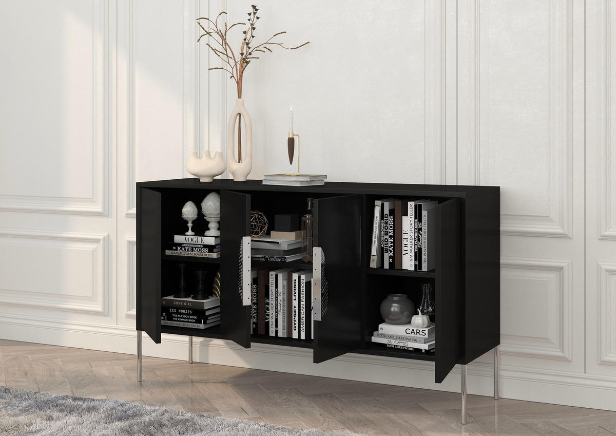 SIDEBOARD Merlin, Schwarz, Silberne Details - Silberfarben/Schwarz, Holzwerkstoff/Metall (138/79/40cm) - Skandica