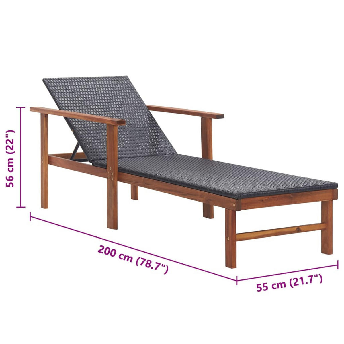 SONNENLIEGE Poly Rattan Und Massivholz Akazie Schwarz - Schwarz, Kunststoff (55/56/200cm) - vidaXL