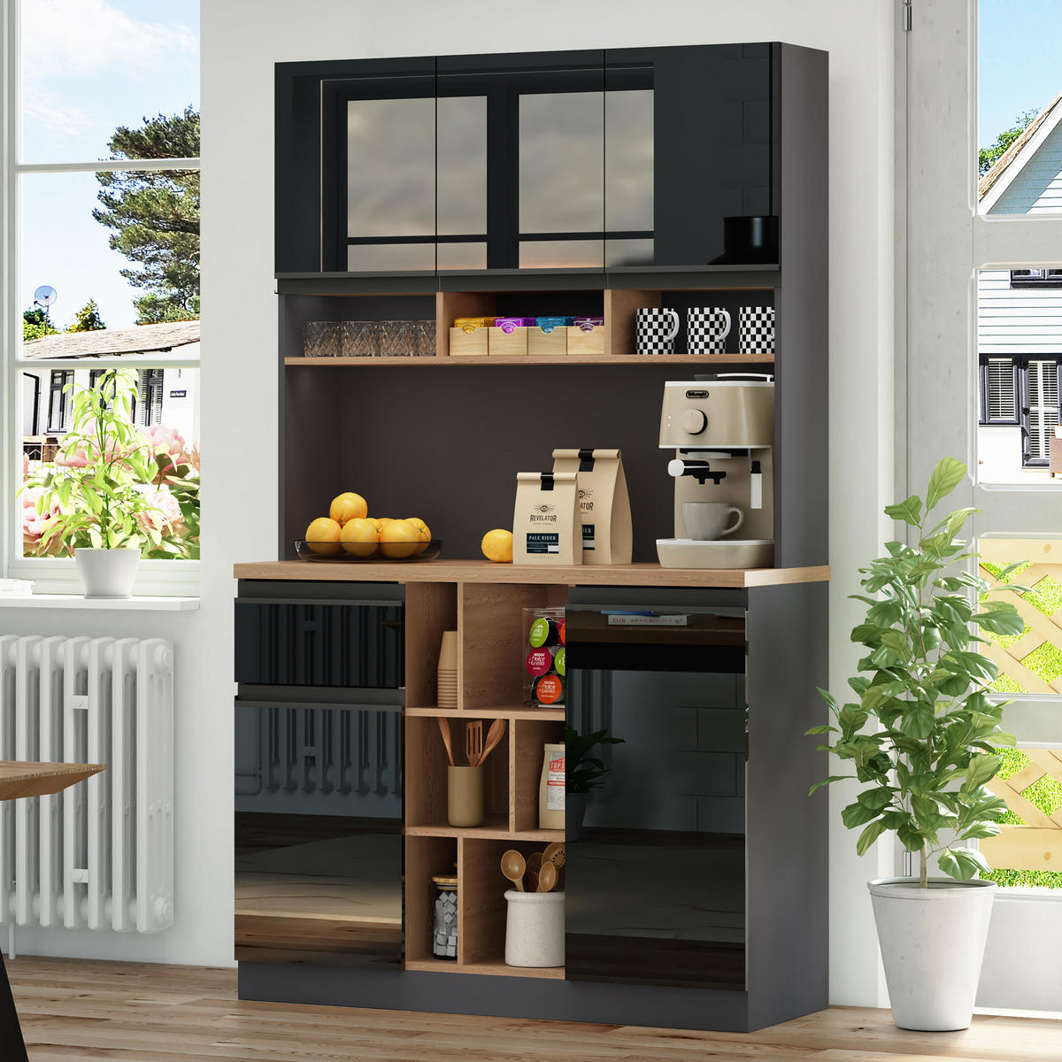 KÜCHENBUFFET mit 1 Schubladen und verstellbaren Einlegeböden, 105 x 45 x 185 cm, Schwarz/Natur, MDF - Schwarz, Holzwerkstoff (105/185/45cm) - SONNENH