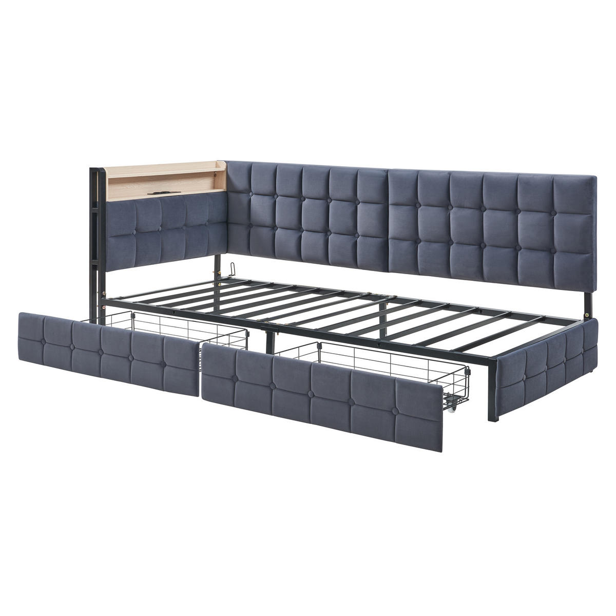 SCHLAFSOFA 90/200 cm in Grau Stoff mit 2 Schubladen, LED, USB und Type-C - Dunkelgrau, Holzwerkstoff/Textil (90/200cm) - WISHDOR
