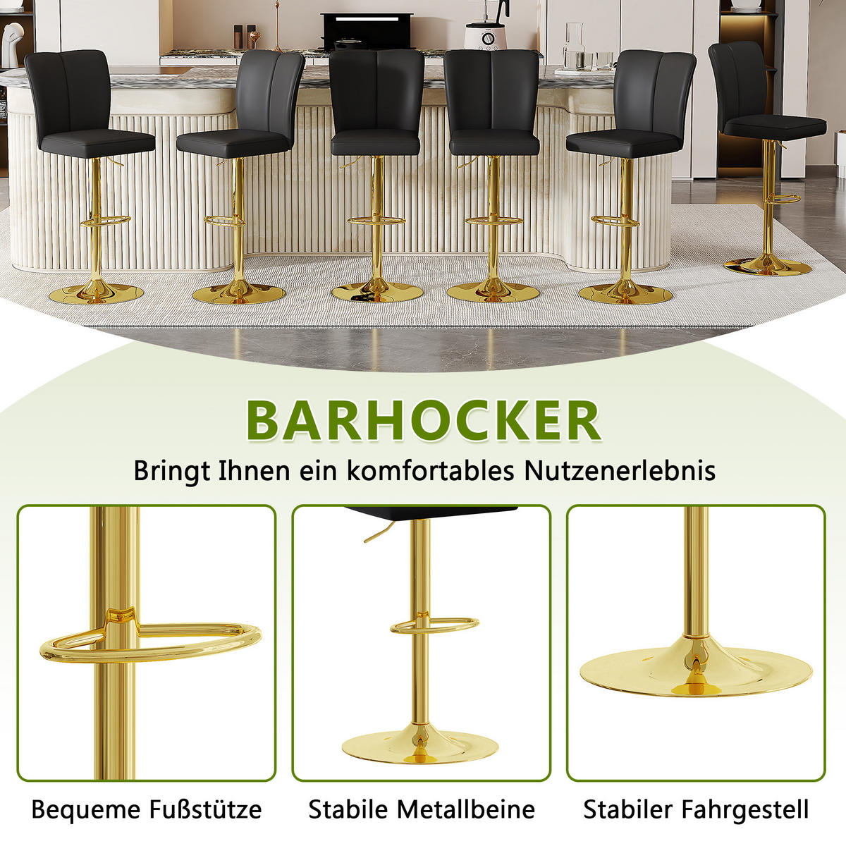 BARHOCKER 2er-Set Schwarz-Gold höhenverstellbar & 360° drehbar mit PU-Leder - Schwarz, Metall (44.5/95.5/44cm) - PANGIVO