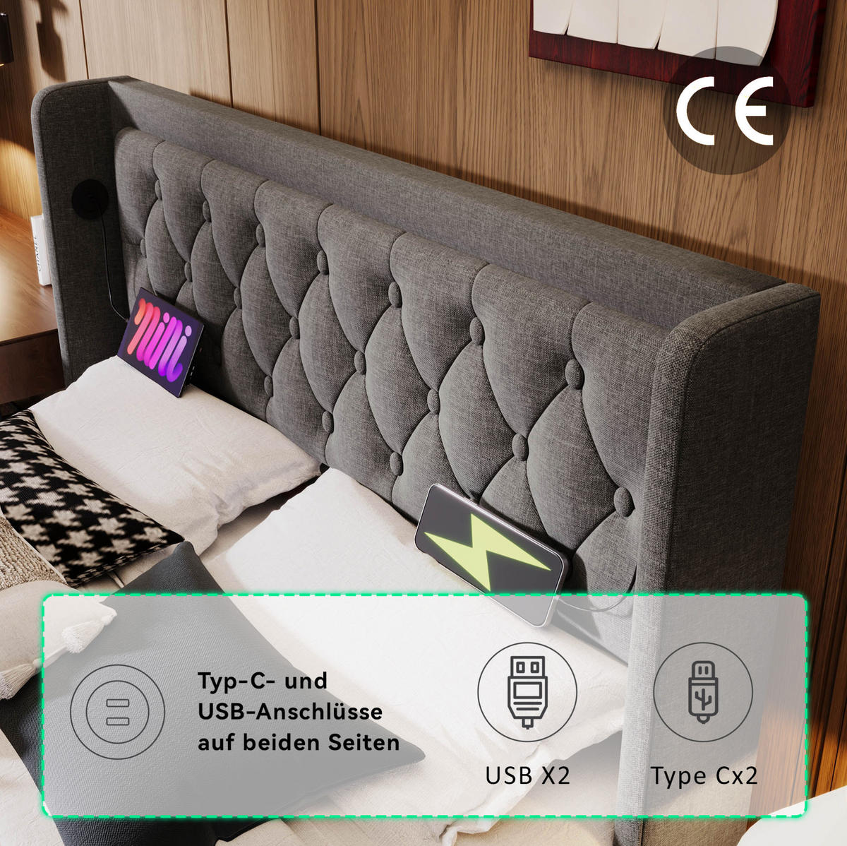 POLSTERBETT 160/200 cm Grau aus Baumwolle mit Bettkasten, LED und USB-C - Grau, Textil (160/200cm) - OKMYHOME