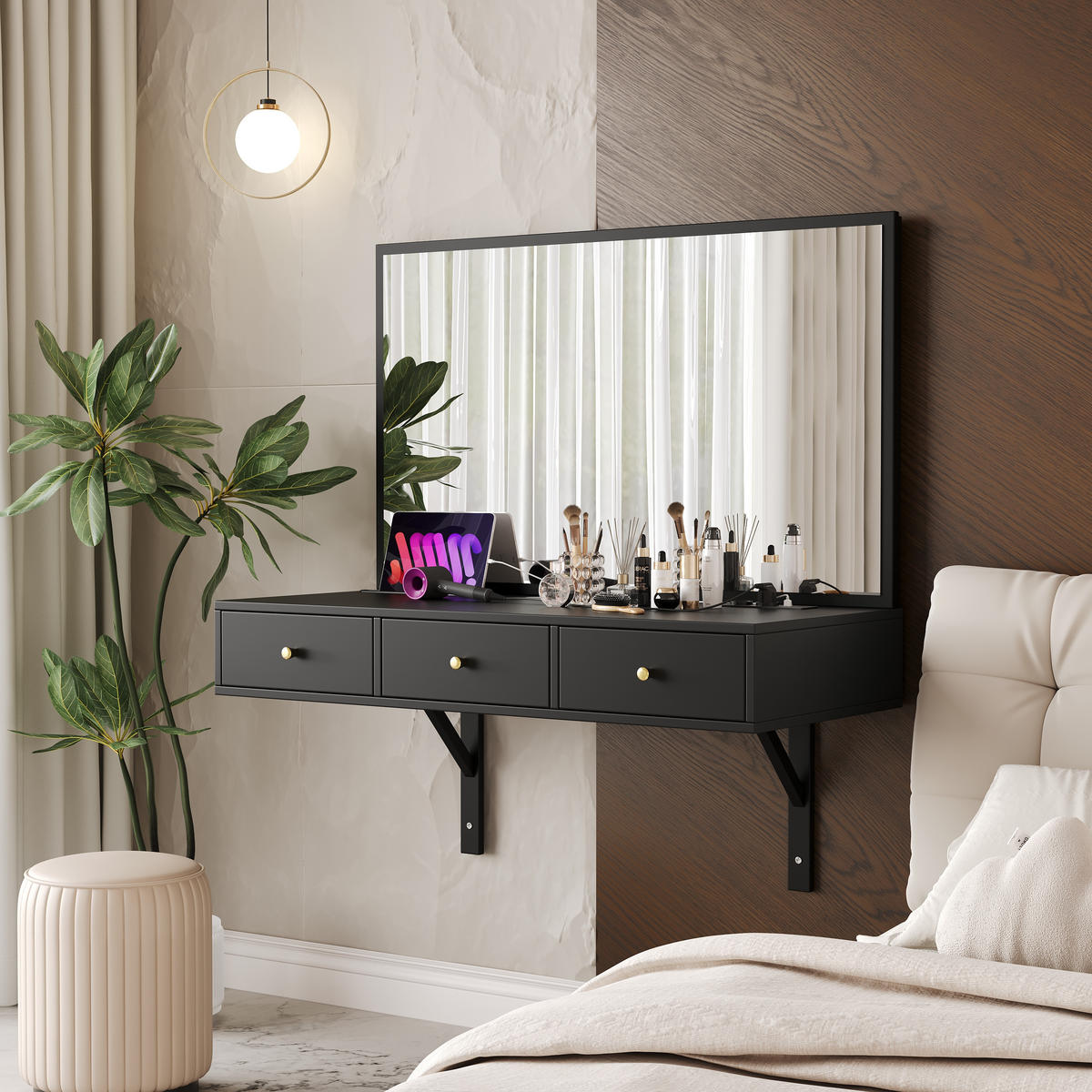SCHMINKTISCH Schwarz LED Spiegel 3 Schubladen 100x45x105cm - Schwarz, Holzwerkstoff (45/105/100cm) - FLIEKS