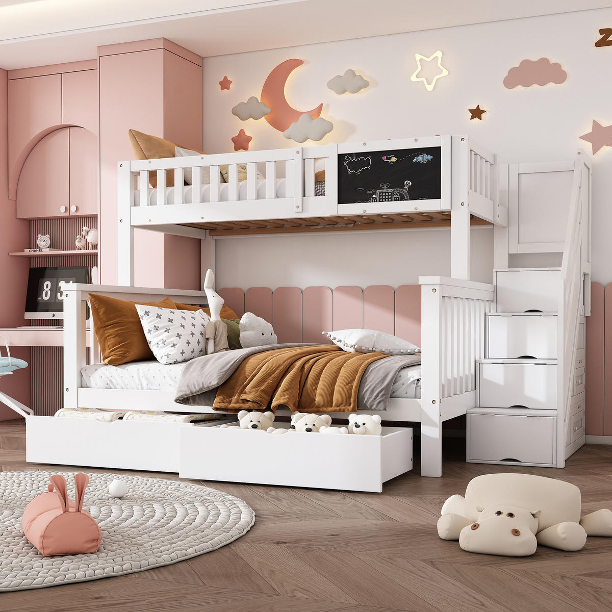 KINDER-ETAGENBETT 90x200+140x200 Tafel Schubladen Weiß - Weiß, Holzwerkstoff (140/200cm) - FLIEKS