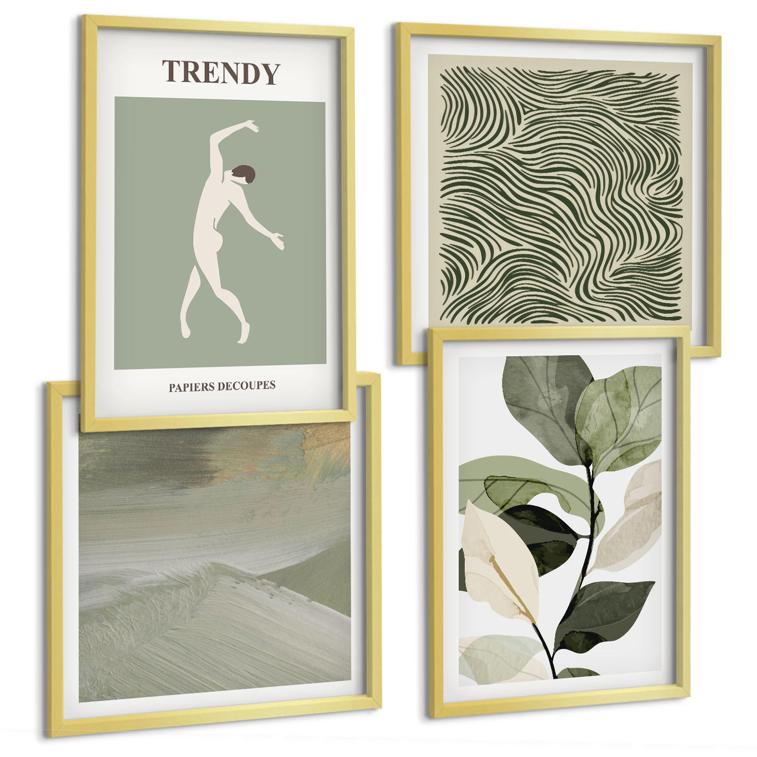 BILDER SET 4er Set - 50x50 cm & 40x60 cm Goldrahmen - Abstrakte Pflanzenmuster - Goldfarben, Kunststoff (50/50cm) - TULUP