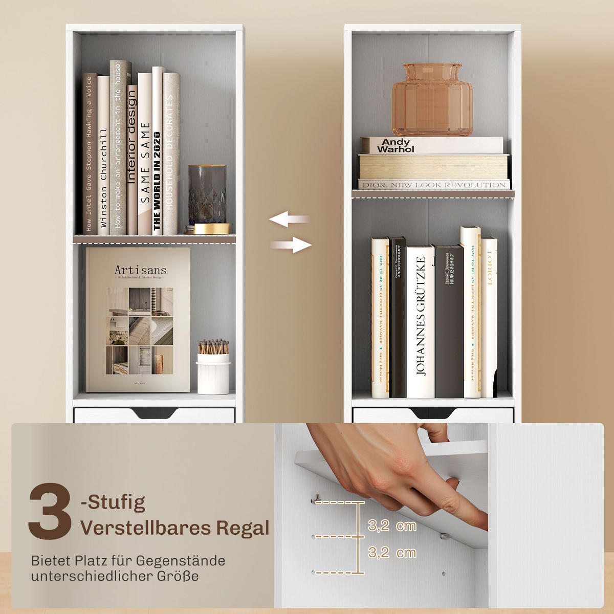 BÜCHERREGAL mit 6 Ebenen 3-stufig verstellbar mit Schublade Schranktür Weiß - Weiß, Holzwerkstoff (24/158/30cm) - HOMCOM