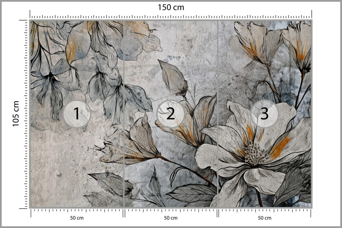 FOTOTAPETE für Büro Blumen Blätter Betongrund Vintage Pflanzen 150x105 - Grau, Papier (150/105cm) - Muralo