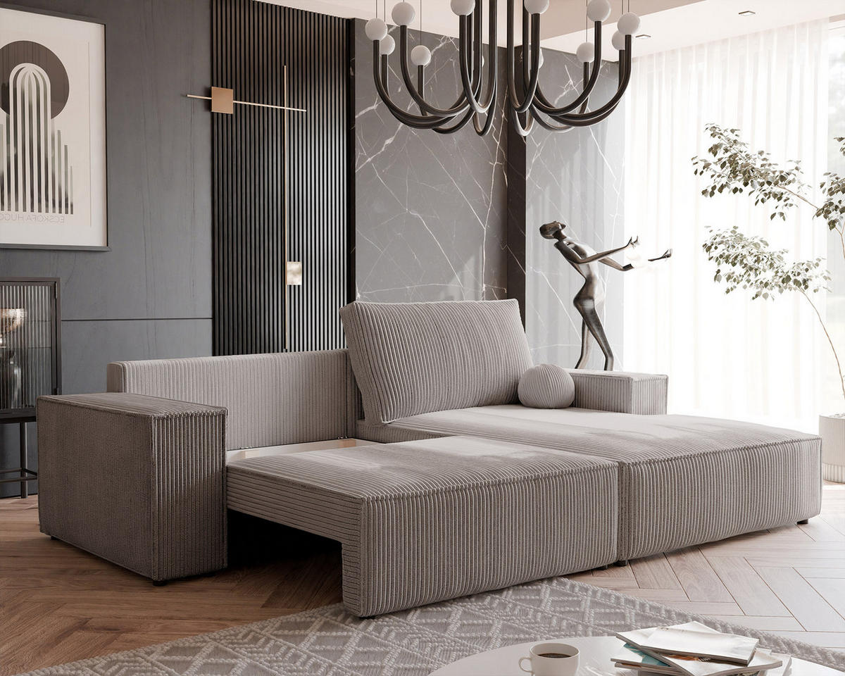 ECKSOFA HUGO Rechts, mit Schlaffunktion und Bettkasten, Beige - Beige, Textil (255/148cm) - Idohome