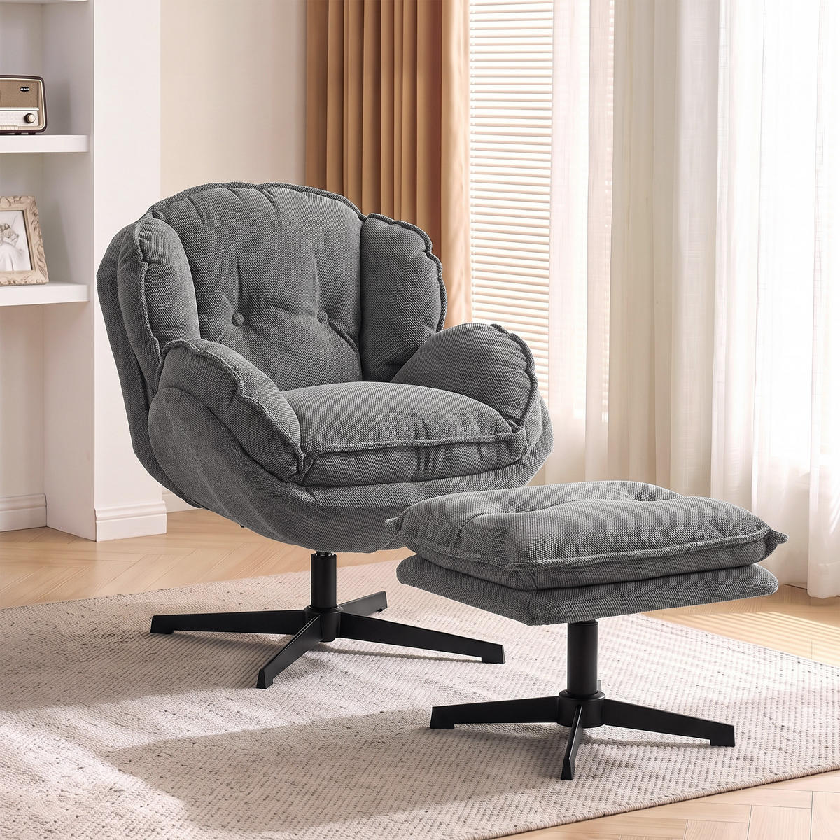 RELAXSESSEL-MIT-HOCKER Polyester Grau - Schwarz/Grau, Textil/Metall (74/85/86cm) - HOMCOM