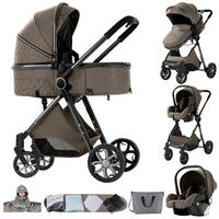 KINDERWAGENSET 3-in-1 mit Autositz, Neugeborenen-Sicherheitsgurt mit fünf Punkten, stoßdämpfend, faltbar, YV9-Schokobraun - Rotbraun, Metall (80/60cm) - Kaket